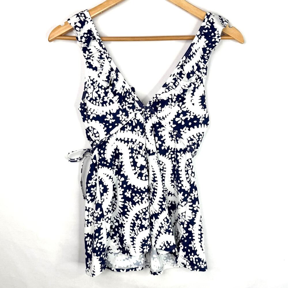 White & Blue Patterned Ruffle Tankini Top M - Picture 2 of 5